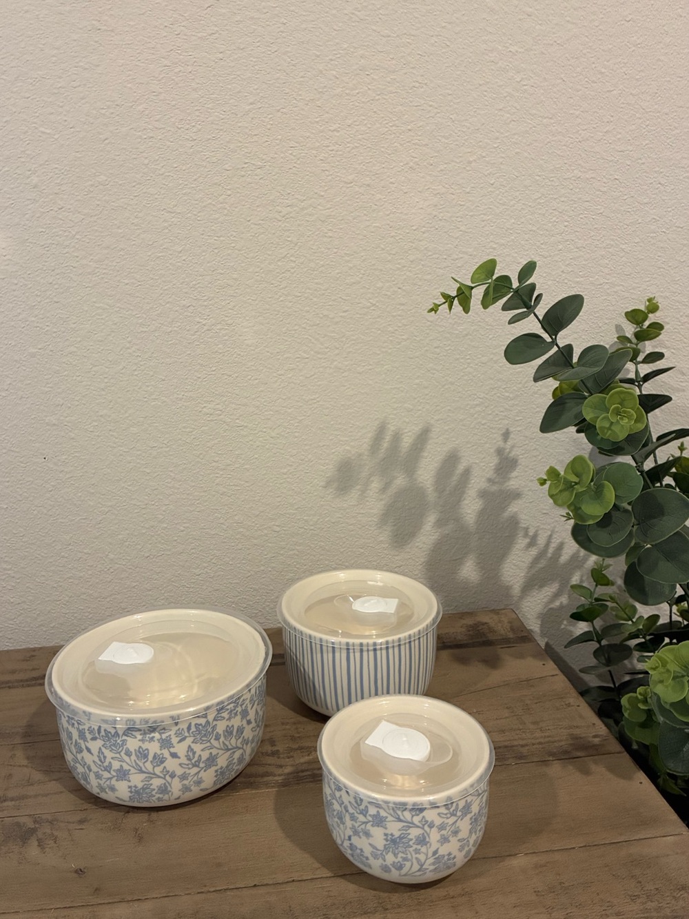 Light Blue Toile and Stripes Storage Bowls, Set of 3.